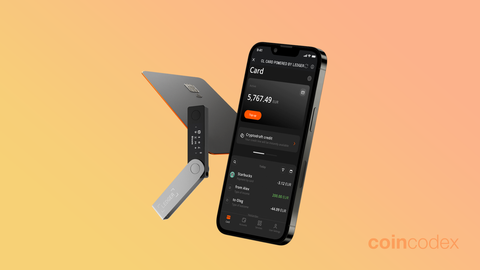 Person using Ledger CL Card at a contactless payment terminal in a café, showcasing crypto spending in real life