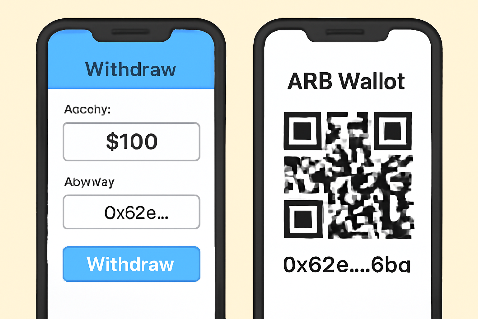 A mobile screen displaying a QR code and ARB wallet address, with another device showing a crypto exchange withdrawal page.