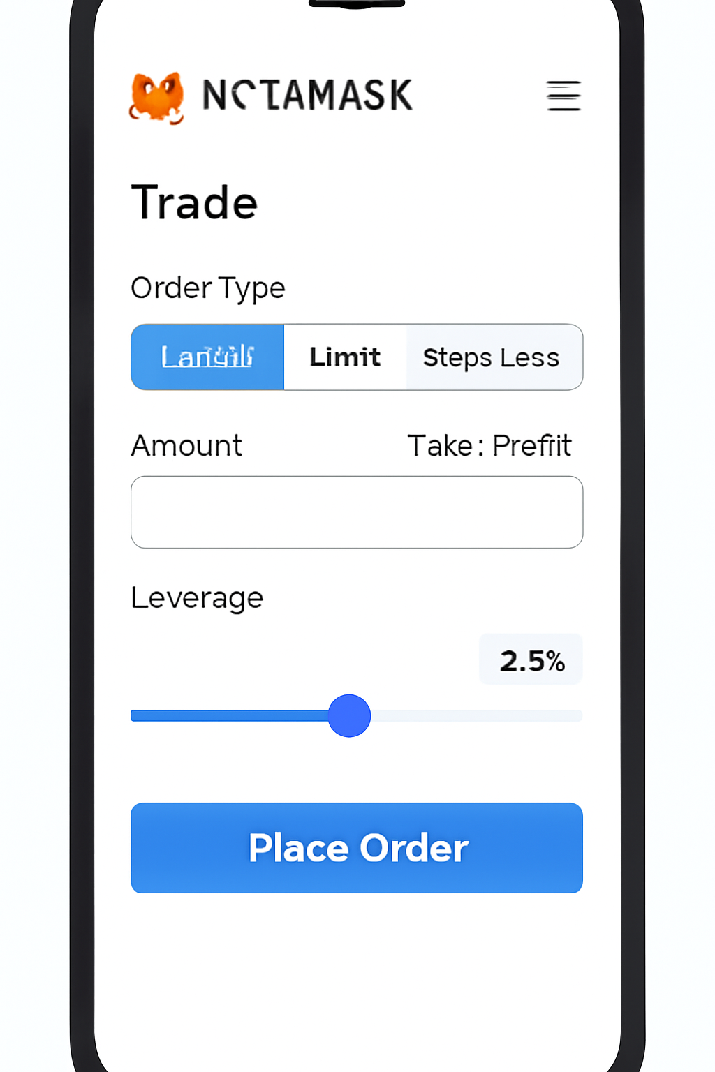 A trading interface on MetaMask mobile with leverage slider and order type options (market, limit, stop-loss, take-profit) visible.