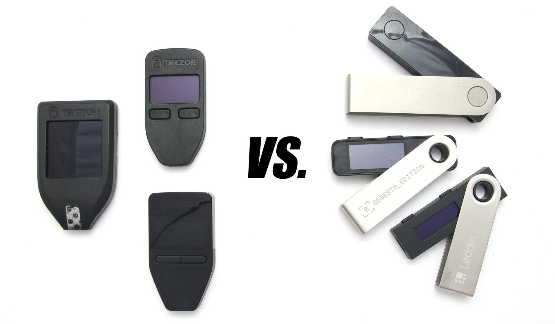 Side-by-side photo of Trezor Model One and Ledger Nano S Plus hardware wallets for crypto self-custody comparison in 2025