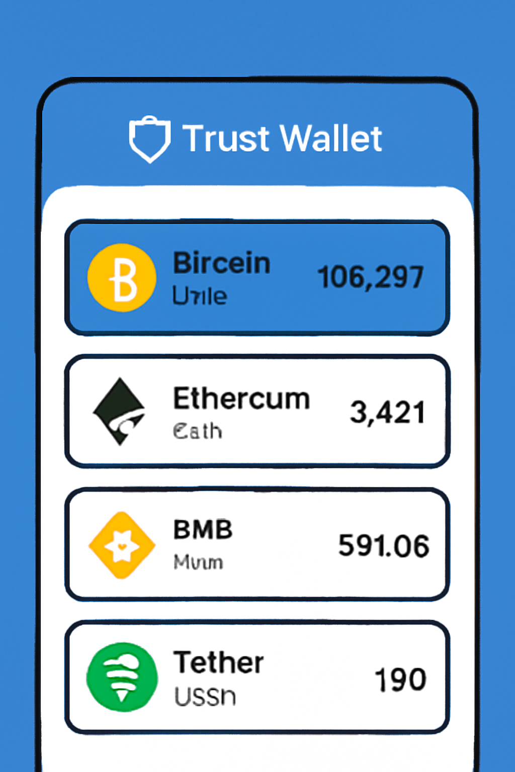 A list of cryptocurrencies in Trust Wallet with Bitcoin (BTC) selected and its current price ($108,257) displayed.