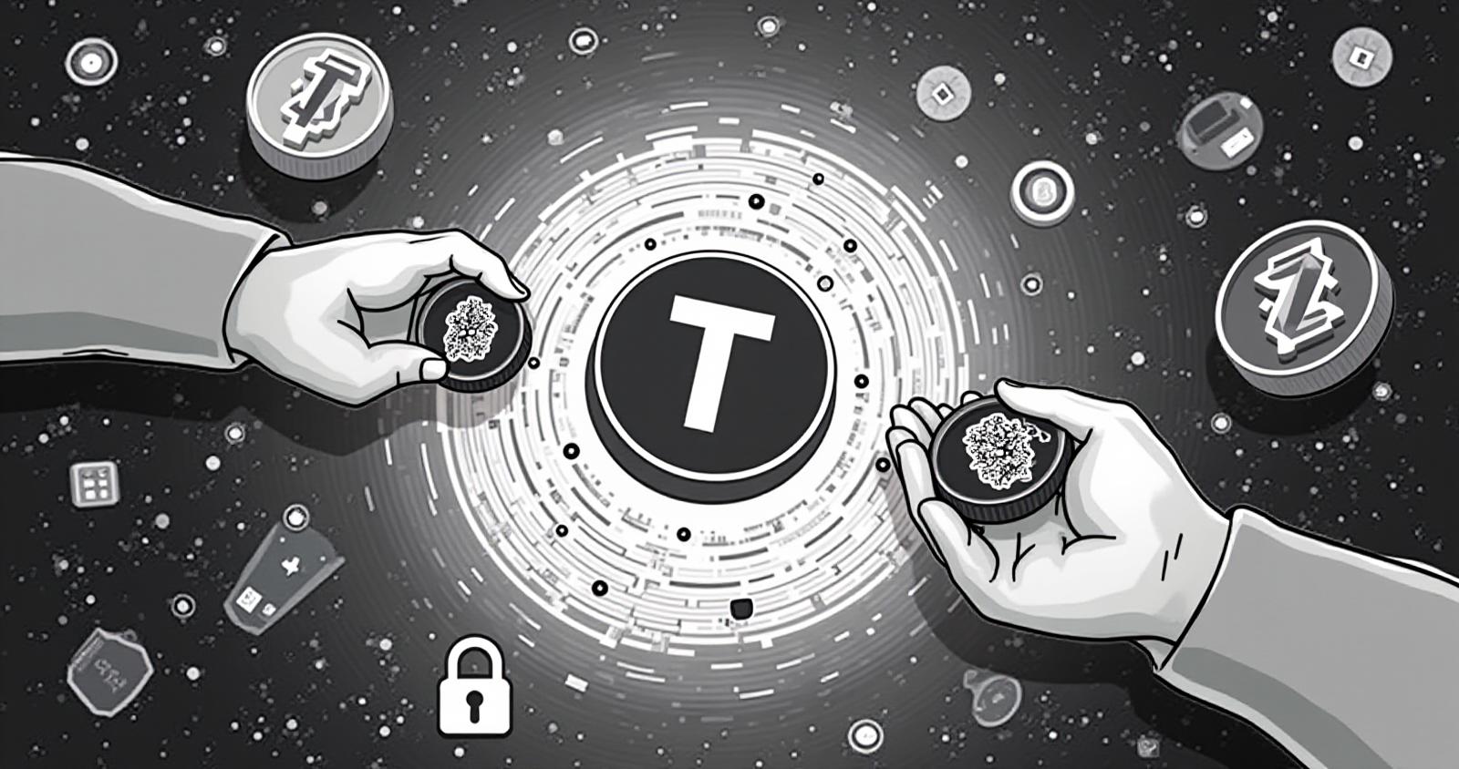 Two people using OKX Pay on their smartphones to instantly transfer cryptocurrency, featuring QR code sharing and fee-free global payments.