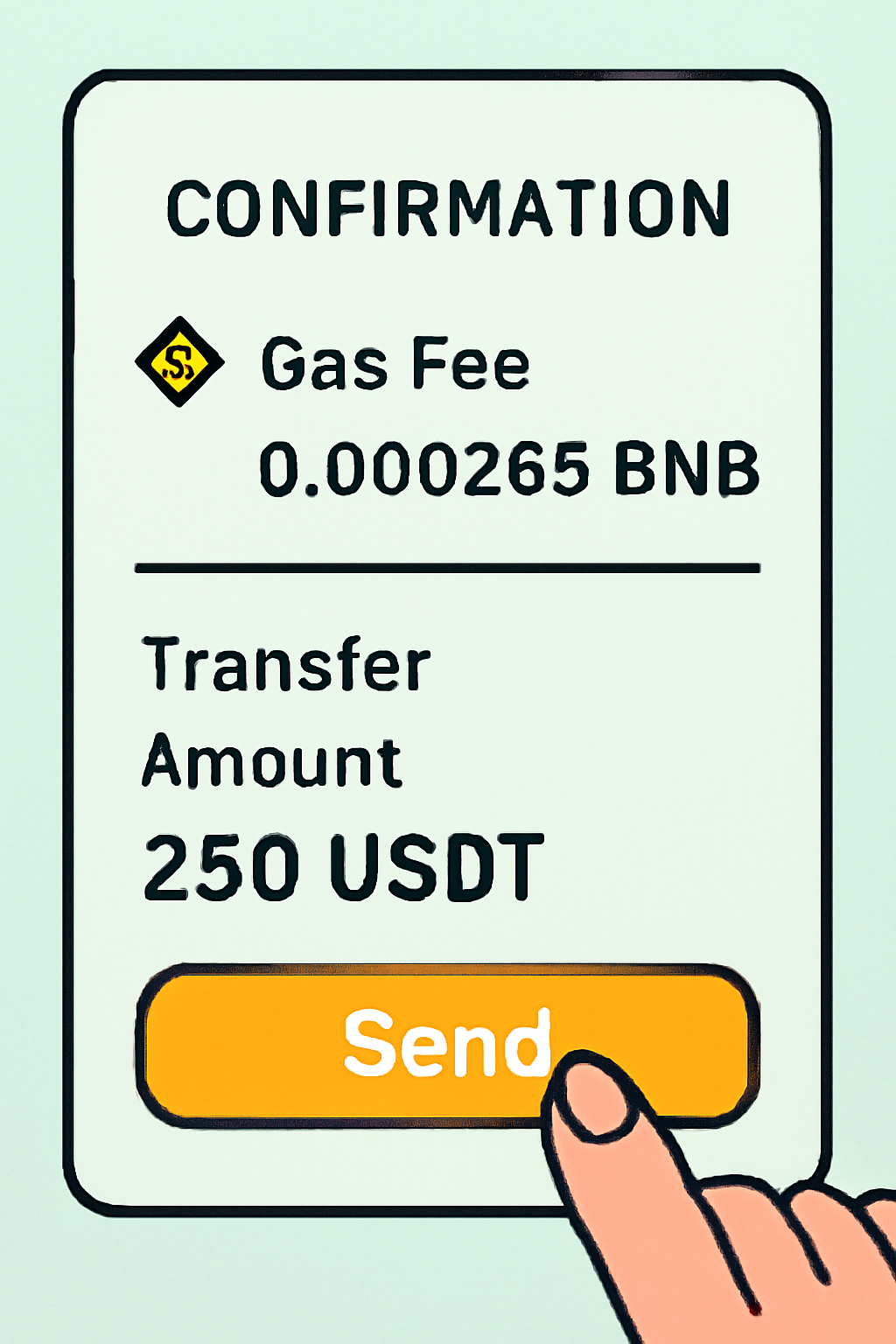 A confirmation screen showing a small BNB gas fee, USDT transfer details, and a finger about to tap 'Send'