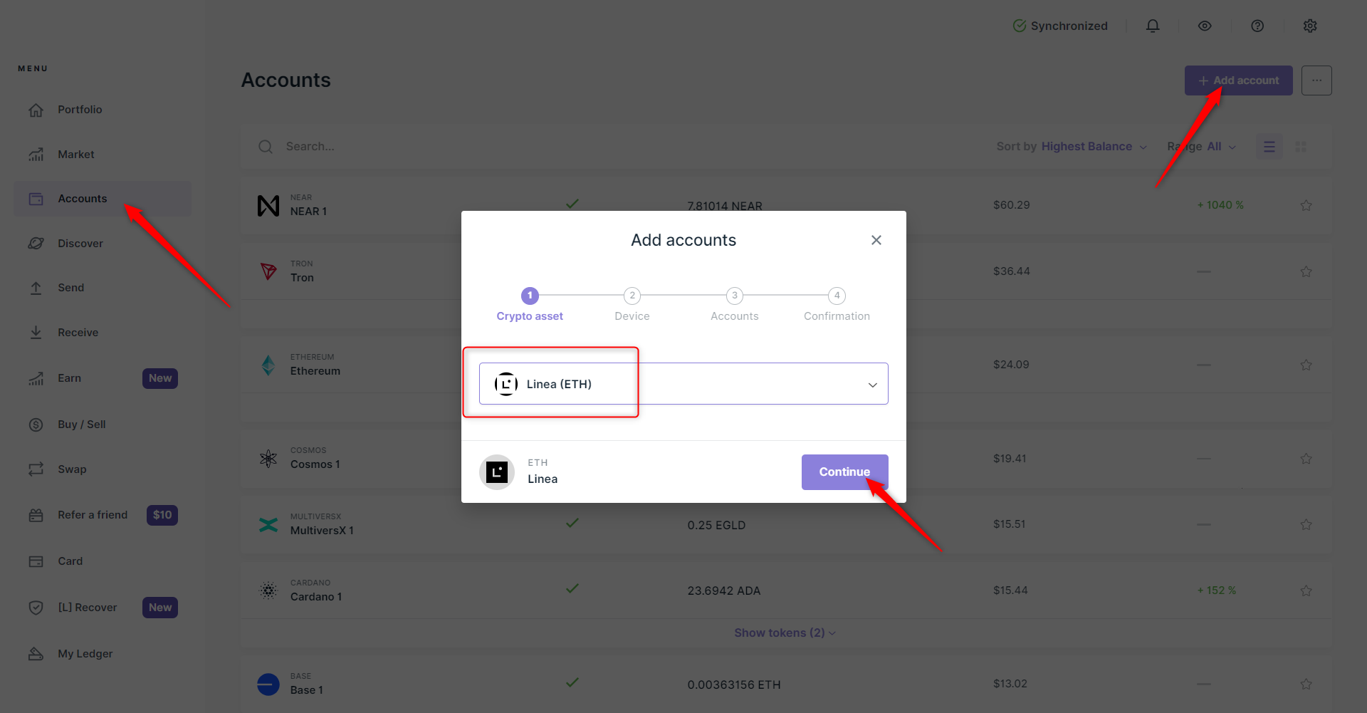 Linea ETH balance in Ledger Live
