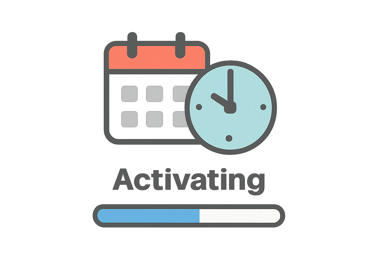 A progress bar or status indicator showing 'Activating' with a calendar and clock, representing the waiting period.