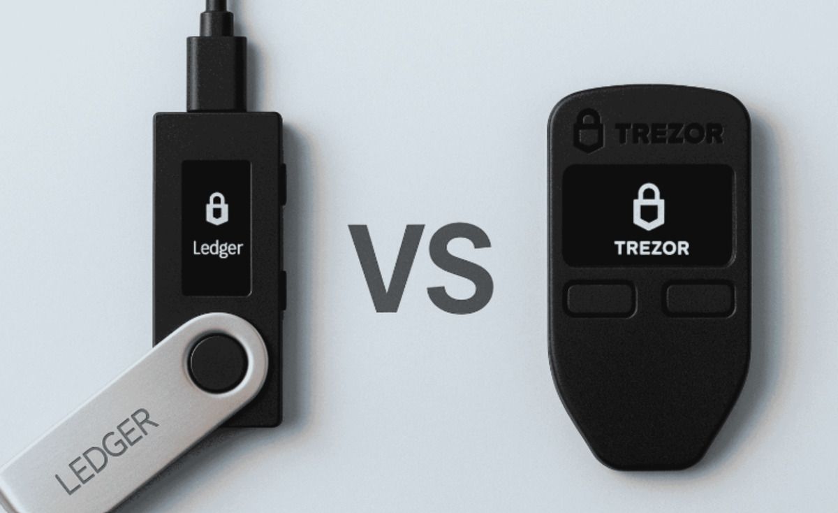 Side-by-side comparison photo of Ledger Flex and Trezor Safe 7 Bitcoin hardware wallets highlighting screens, USB ports, and Bluetooth indicators for security and mobile access