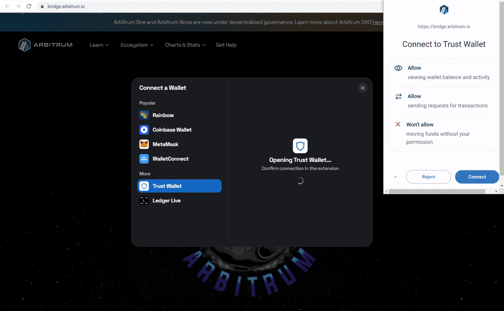 Smartphone showing Trust Wallet app with Arbitrum (ARB) token visible on the main wallet screen