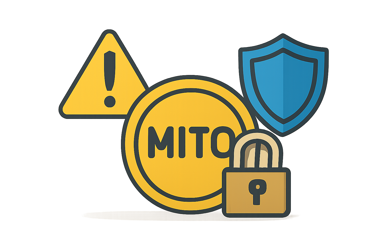 A warning sign next to a locked MITO token and a shield, emphasizing security and official sources.