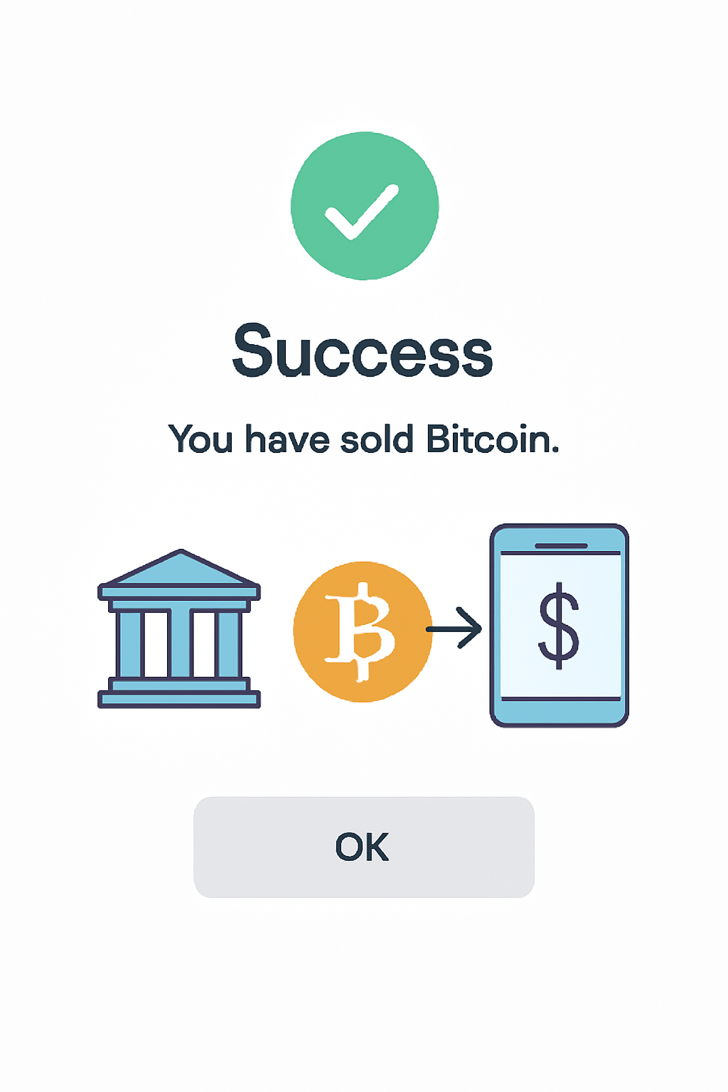 A confirmation screen showing a successful Bitcoin sale, with a bank transfer and mobile payment option illustrated.
