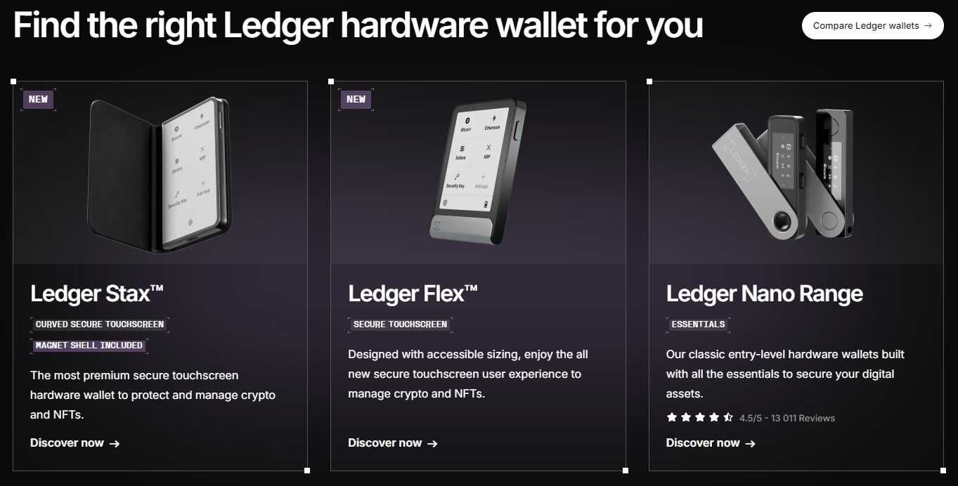 Side-by-side comparison photo of Trezor Safe 7 and Ledger Nano X hardware wallets for 2025