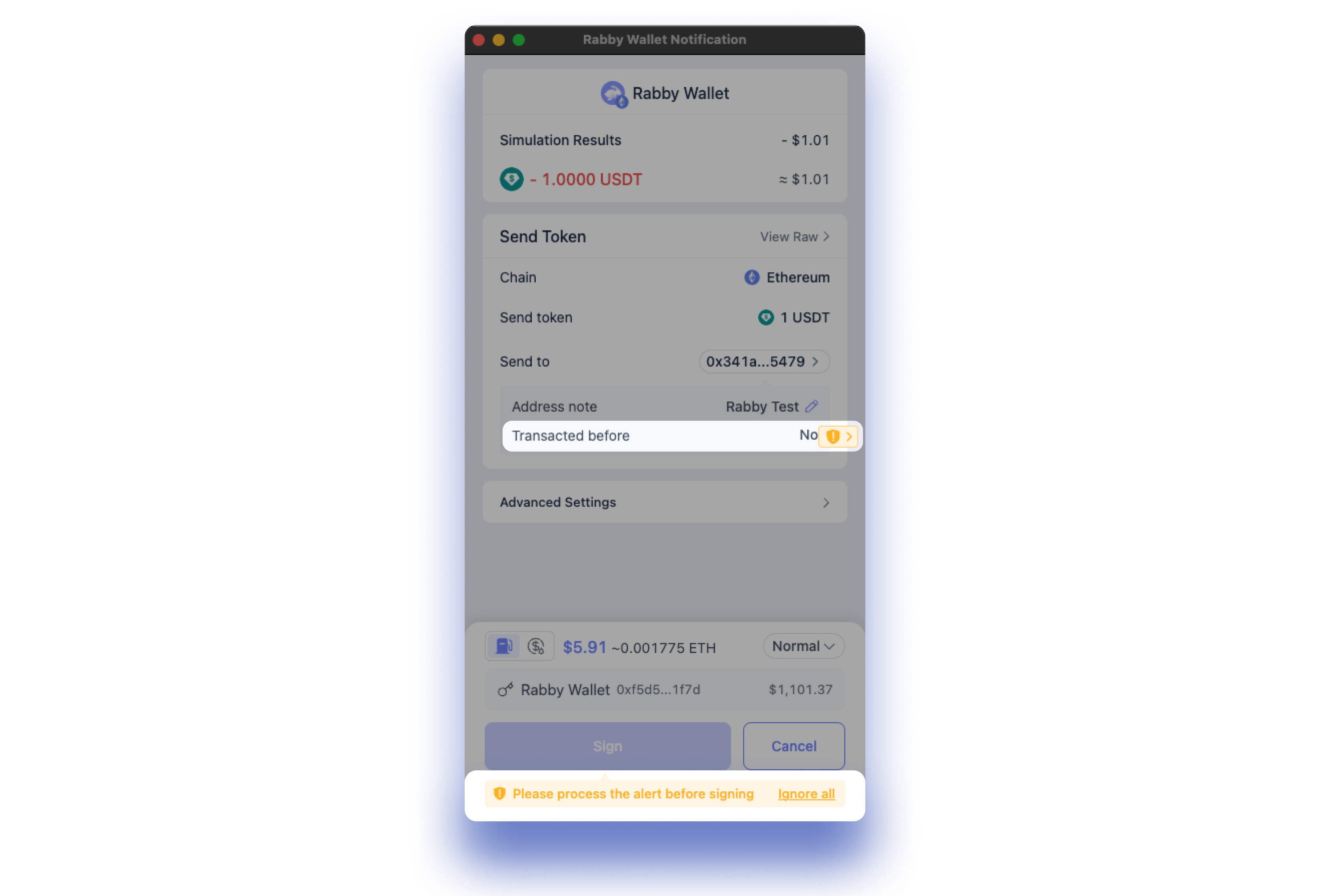 Rabby Wallet risk alert notification