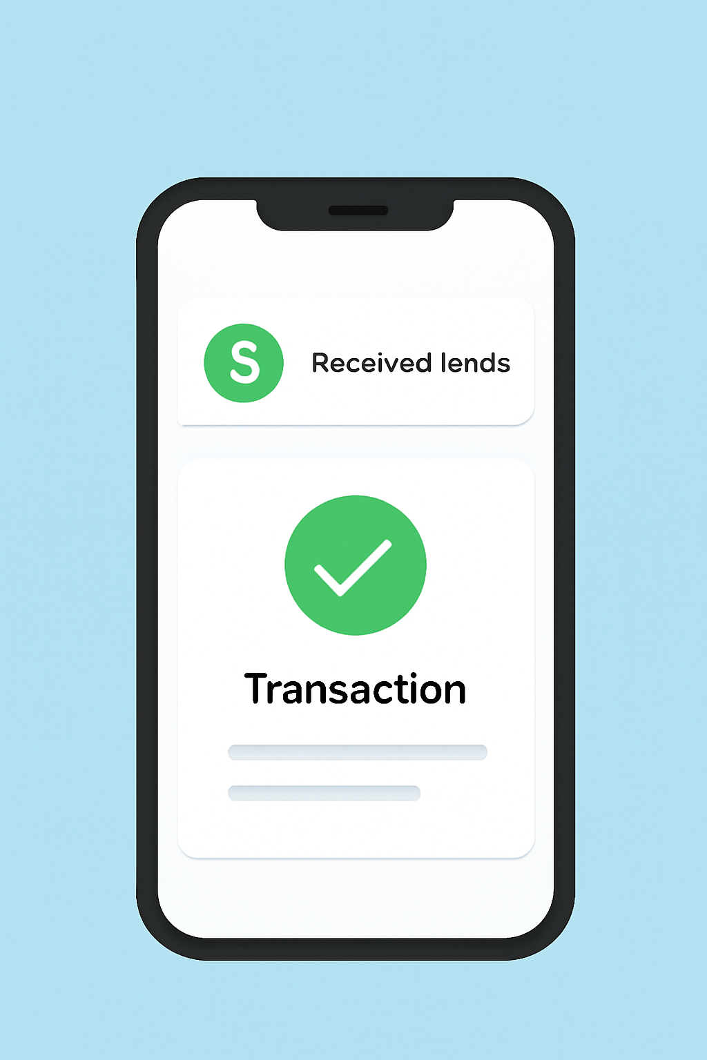 A mobile phone showing a notification of received funds and a transaction status page with a checkmark.