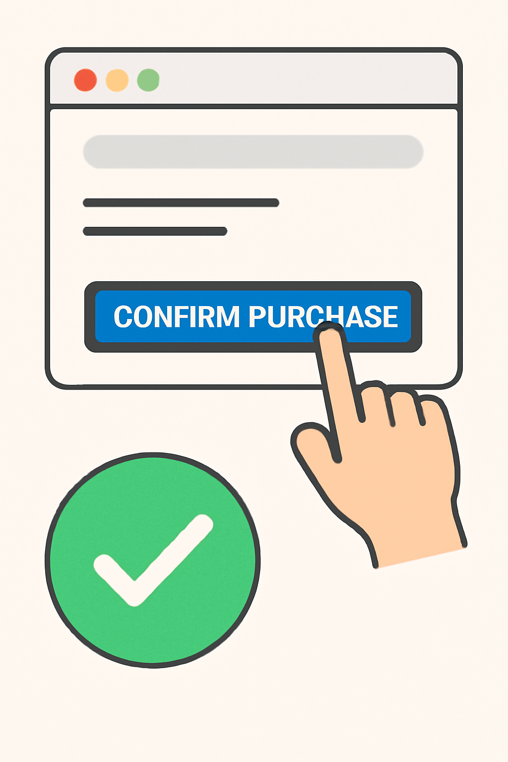 A user clicking a 'Confirm Purchase' button on a web interface, with a success checkmark appearing.