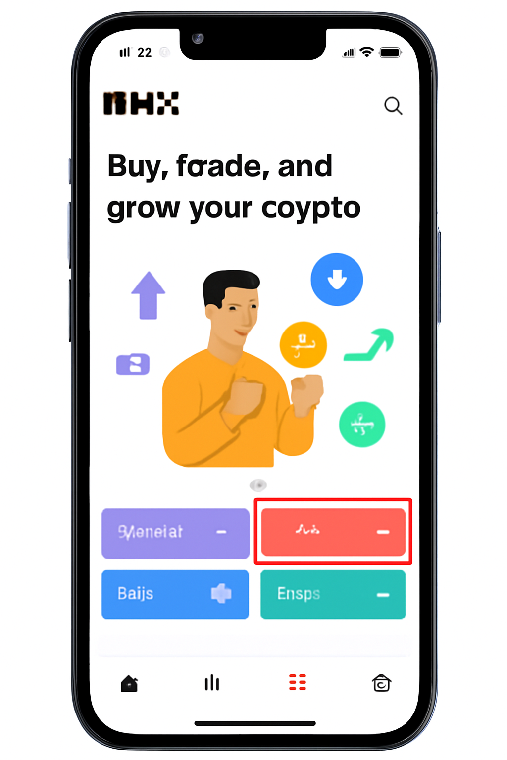 A smartphone screen displaying the OKX app homepage with the 'Trade' button highlighted, modern UI, vibrant colors