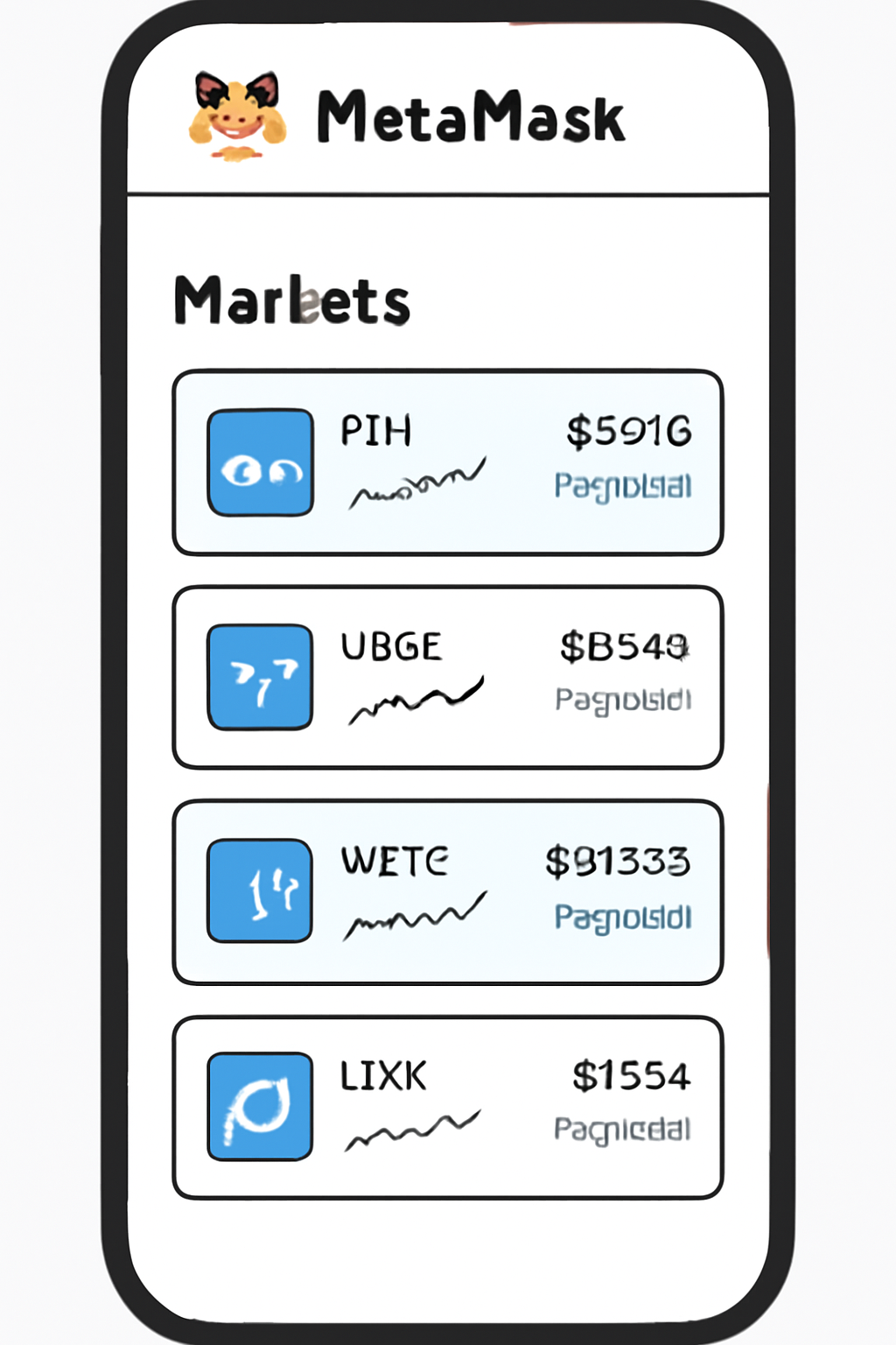 MetaMask mobile interface showing a list of perpetual markets with live charts and token prices.