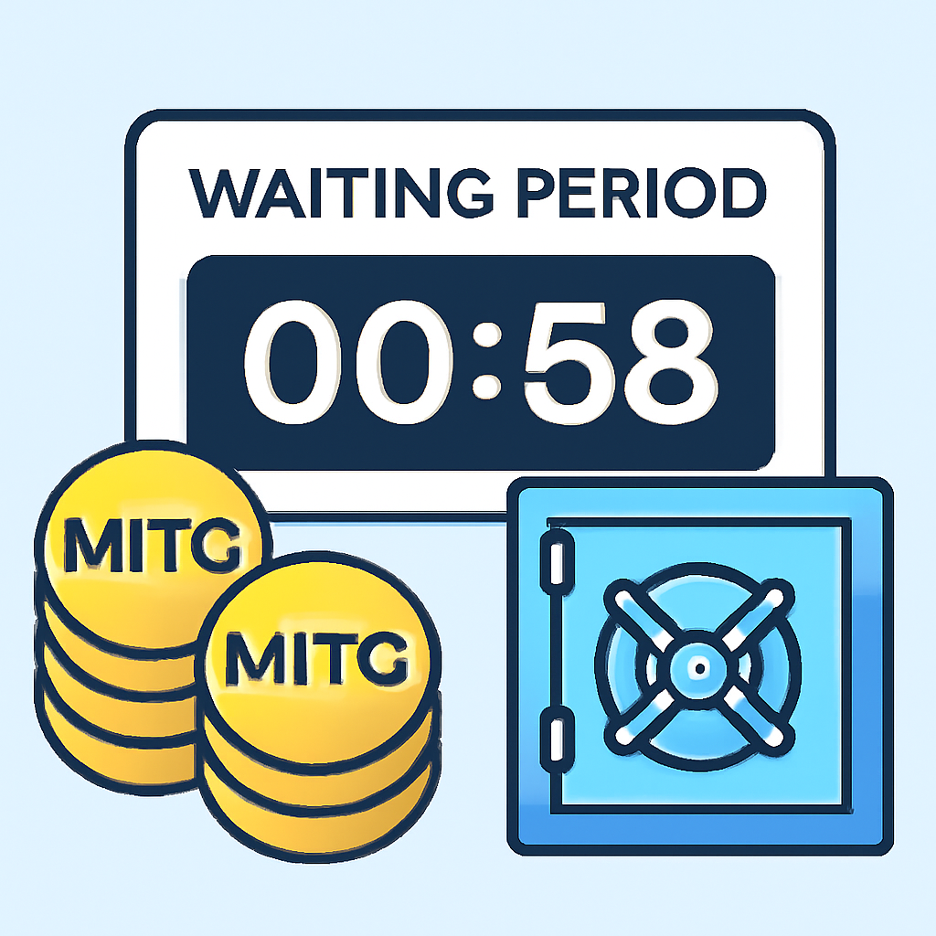 A countdown timer on a digital screen, with MITO tokens and a vault graphic in the background, indicating waiting period.