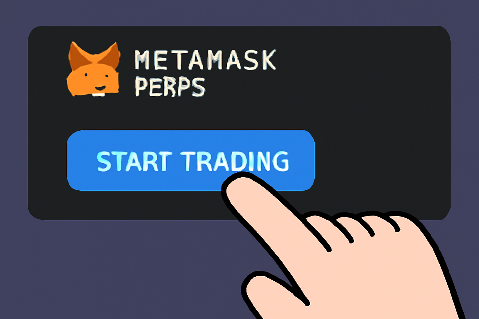 A finger tapping the 'Start Trading' button within the MetaMask Perps tab interface.