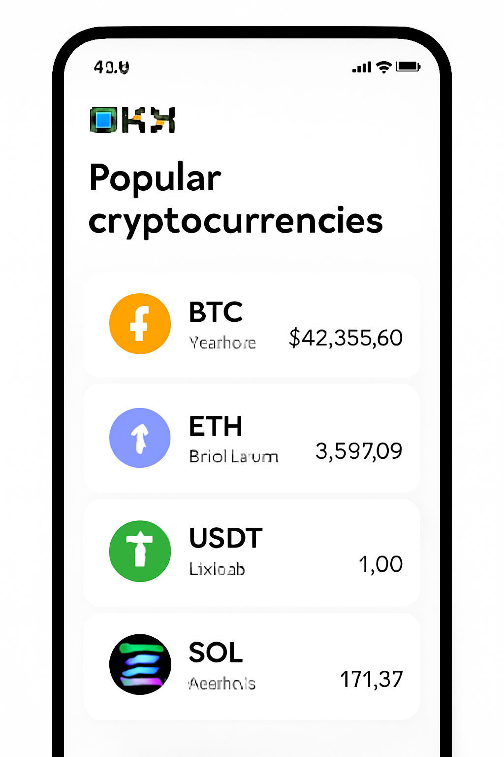 A list of popular cryptocurrencies (like Bitcoin, Ethereum) on the OKX app, with one or more selected, modern UI.