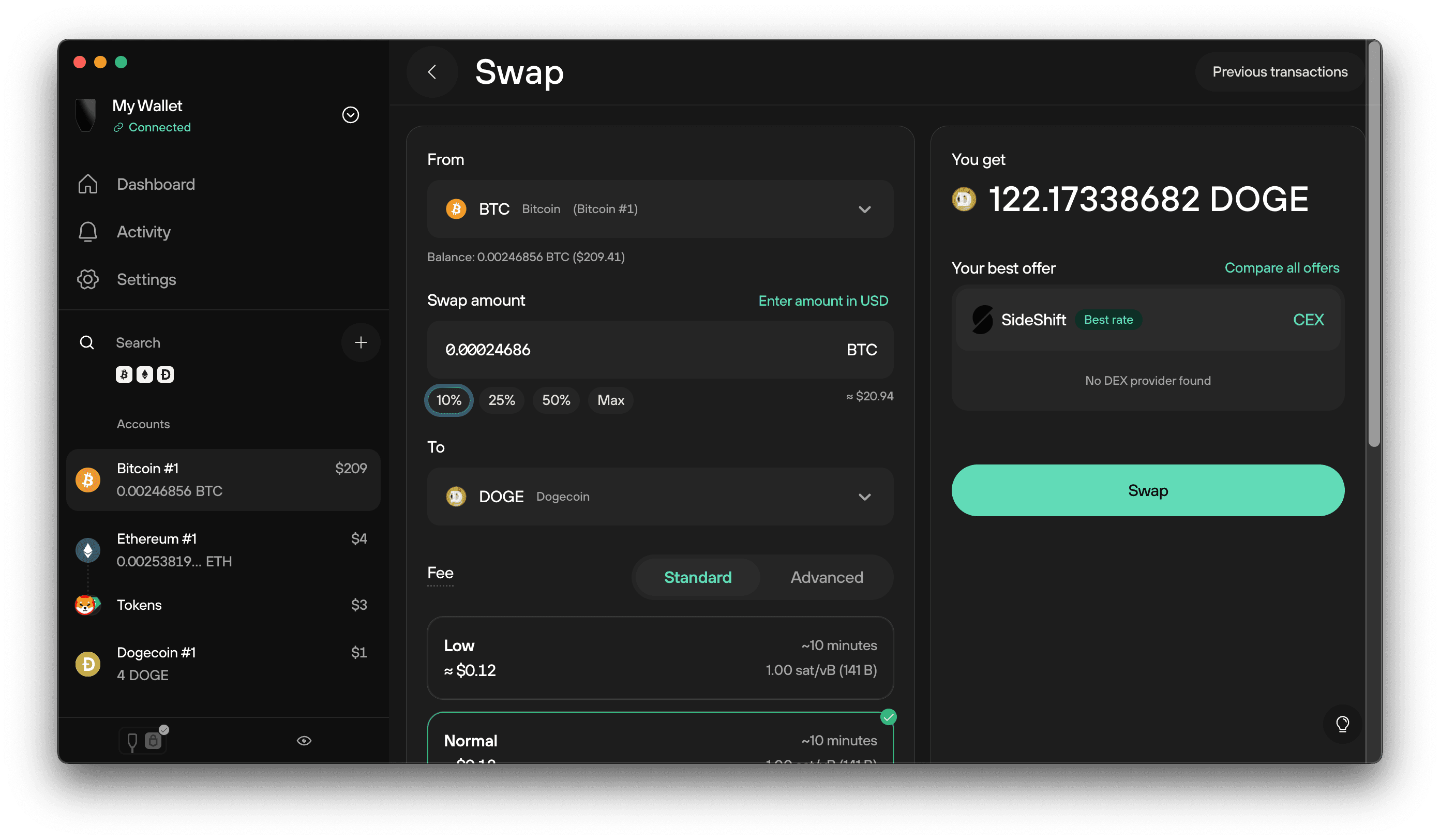 Trezor Suite Swap tab interface