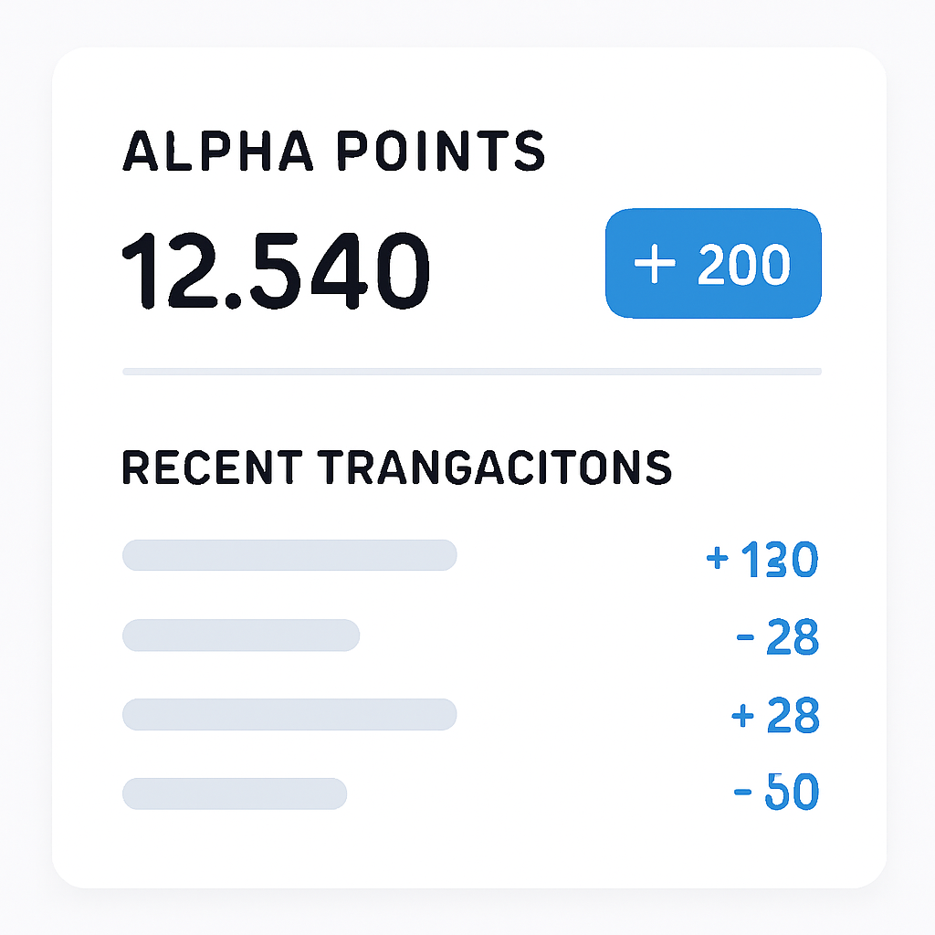 A digital dashboard showing a user's Alpha Points balance and recent transactions, with a focus on the points total.