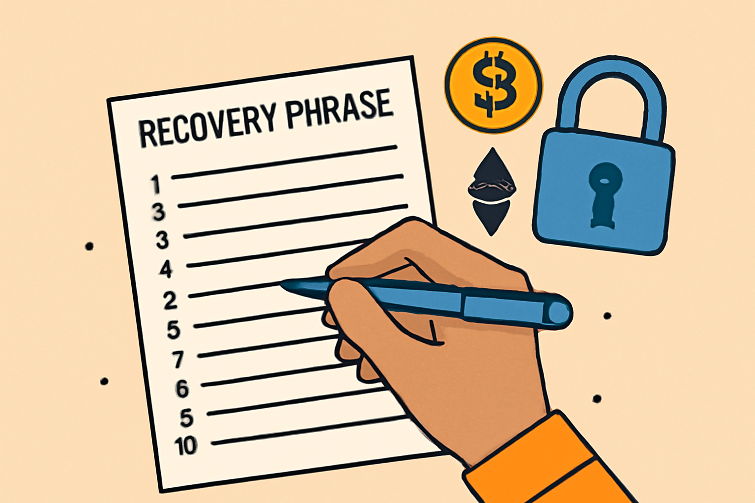 A hand writing a recovery phrase on paper, with a secure lock and crypto symbols in the background.