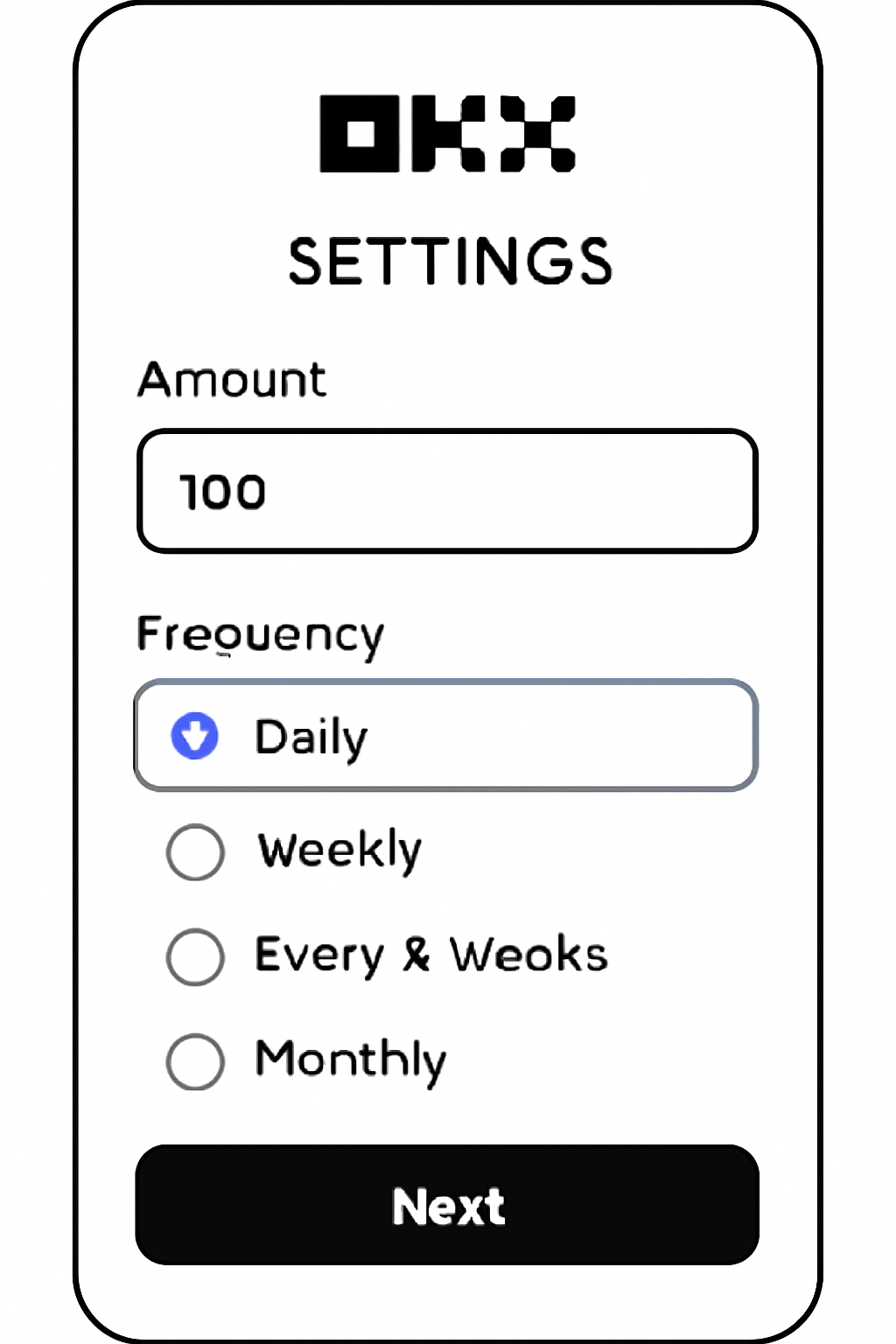 A settings screen in the OKX app showing amount input, and frequency options (daily, weekly, etc.) being selected.