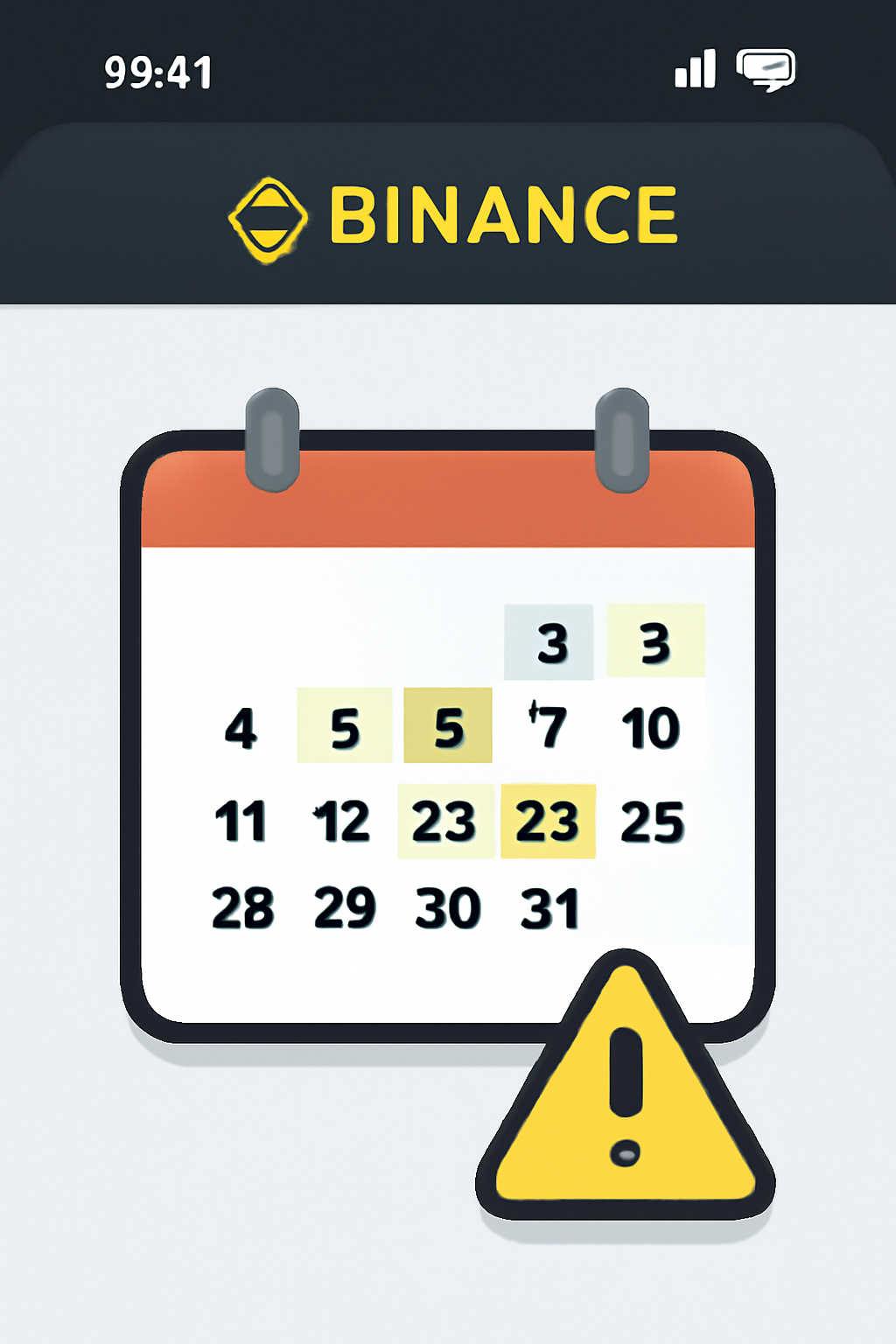 A calendar with highlighted expiry dates for Alpha Points and a warning icon for market volatility, shown within the Binance app interface.