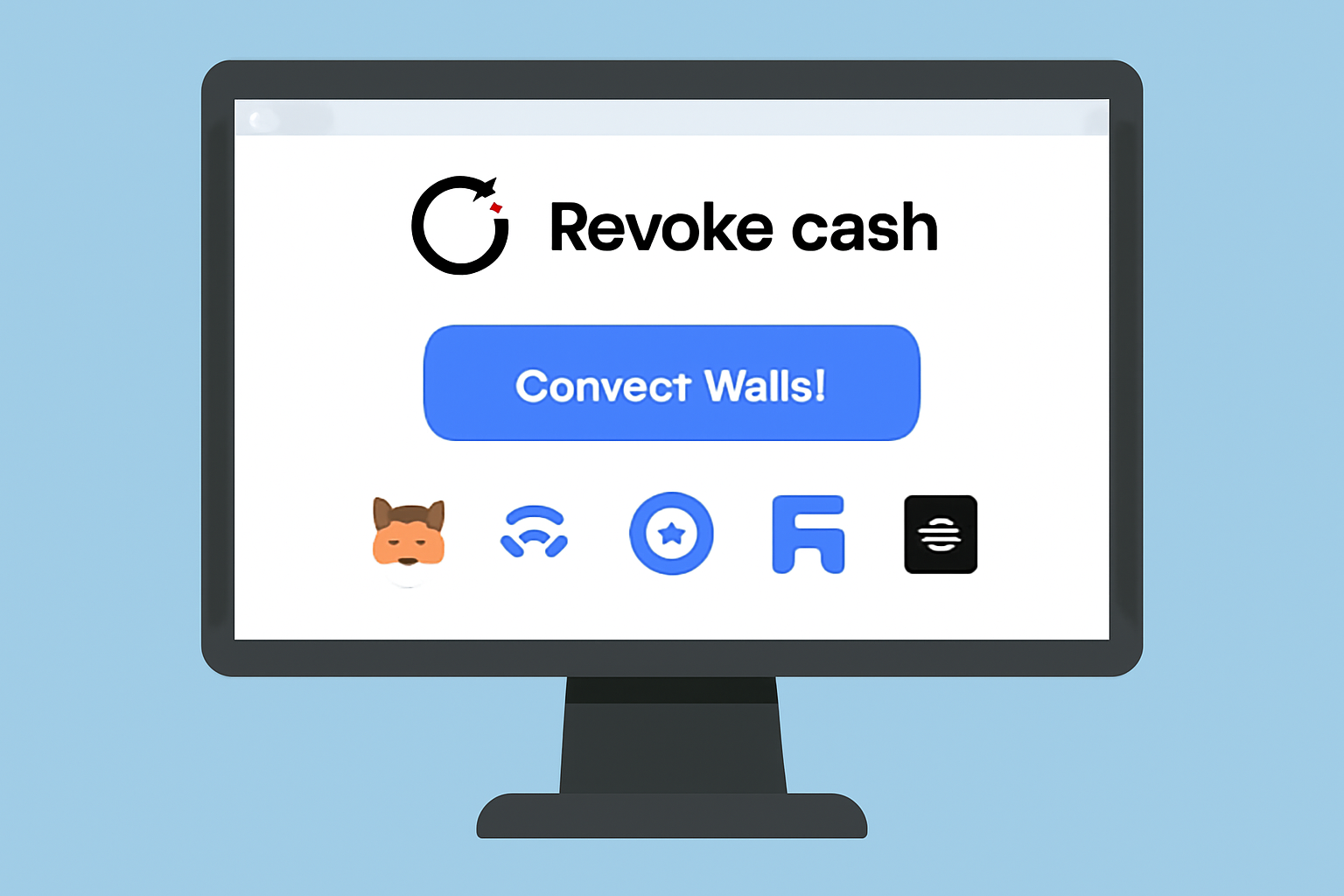 A computer screen displaying the Revoke.cash homepage with a prominent 'Connect Wallet' button and various wallet provider icons.
