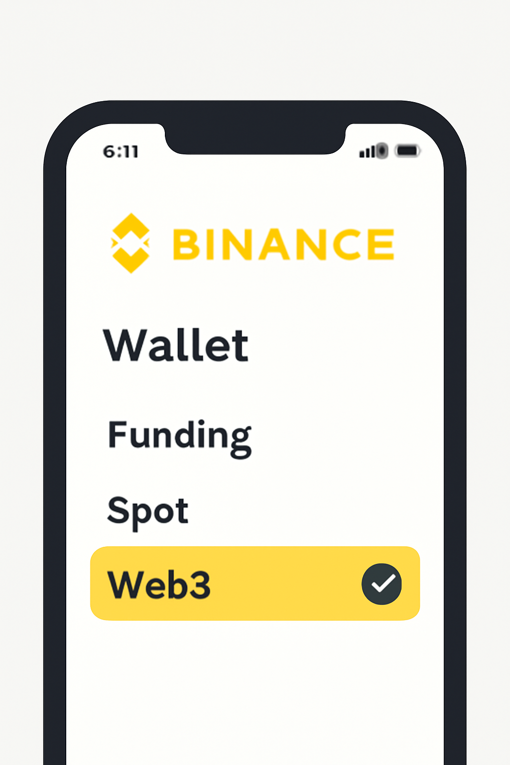 The Binance app screen showing the 'Web3' wallet option clearly selected.