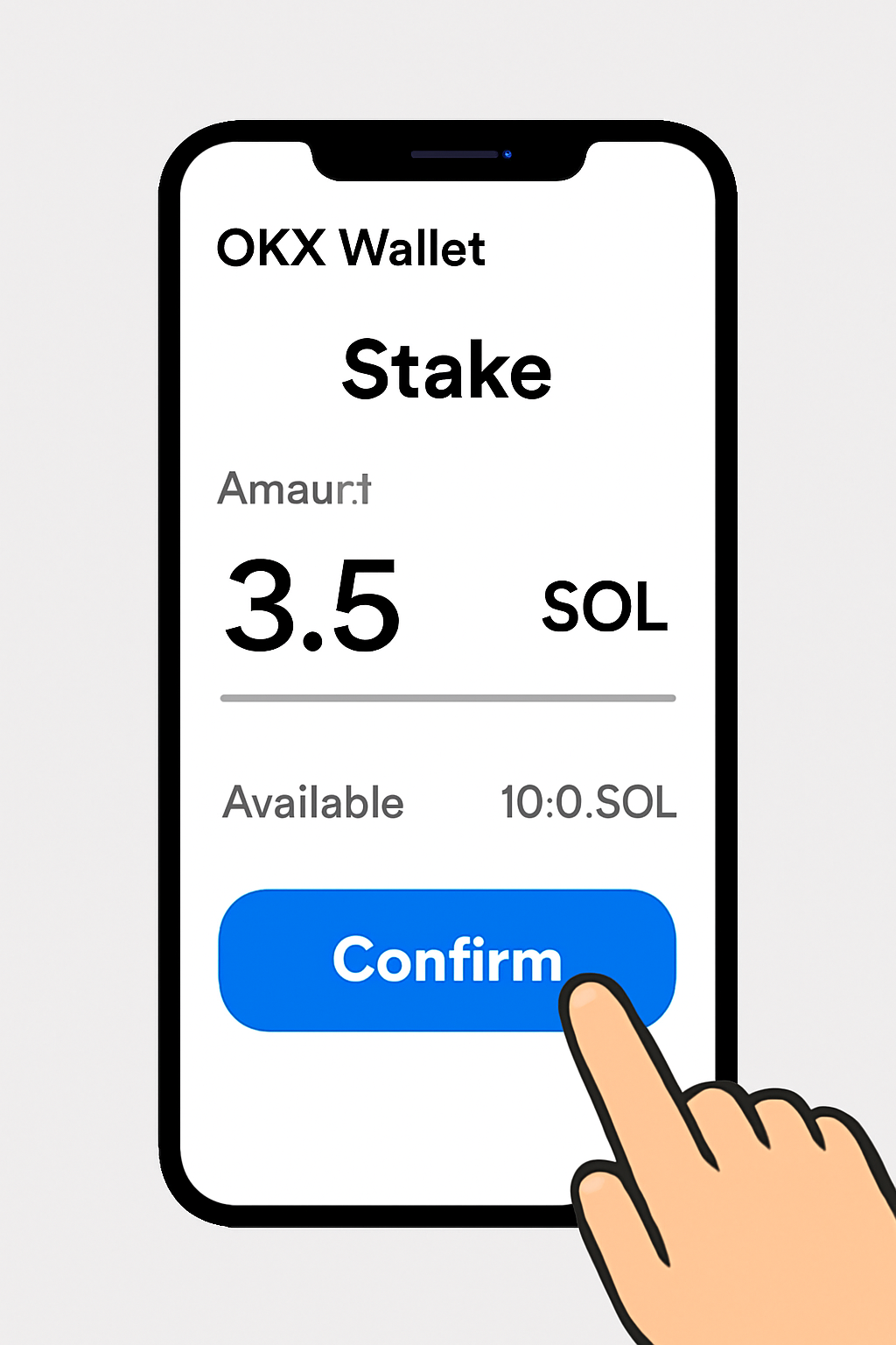 A user entering an amount of SOL to stake on the OKX Wallet app, with a confirmation button highlighted.