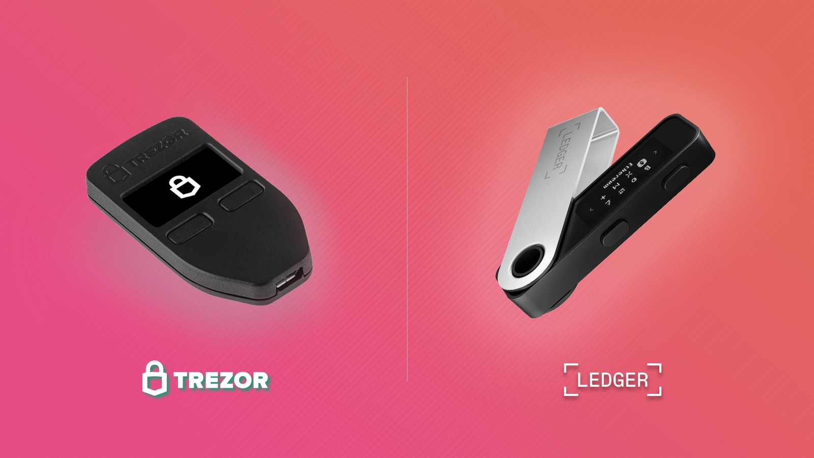 Side-by-side comparison of Trezor Safe 7 and Ledger Nano Gen5 hardware wallets showcasing premium aluminum build quality and design differences
