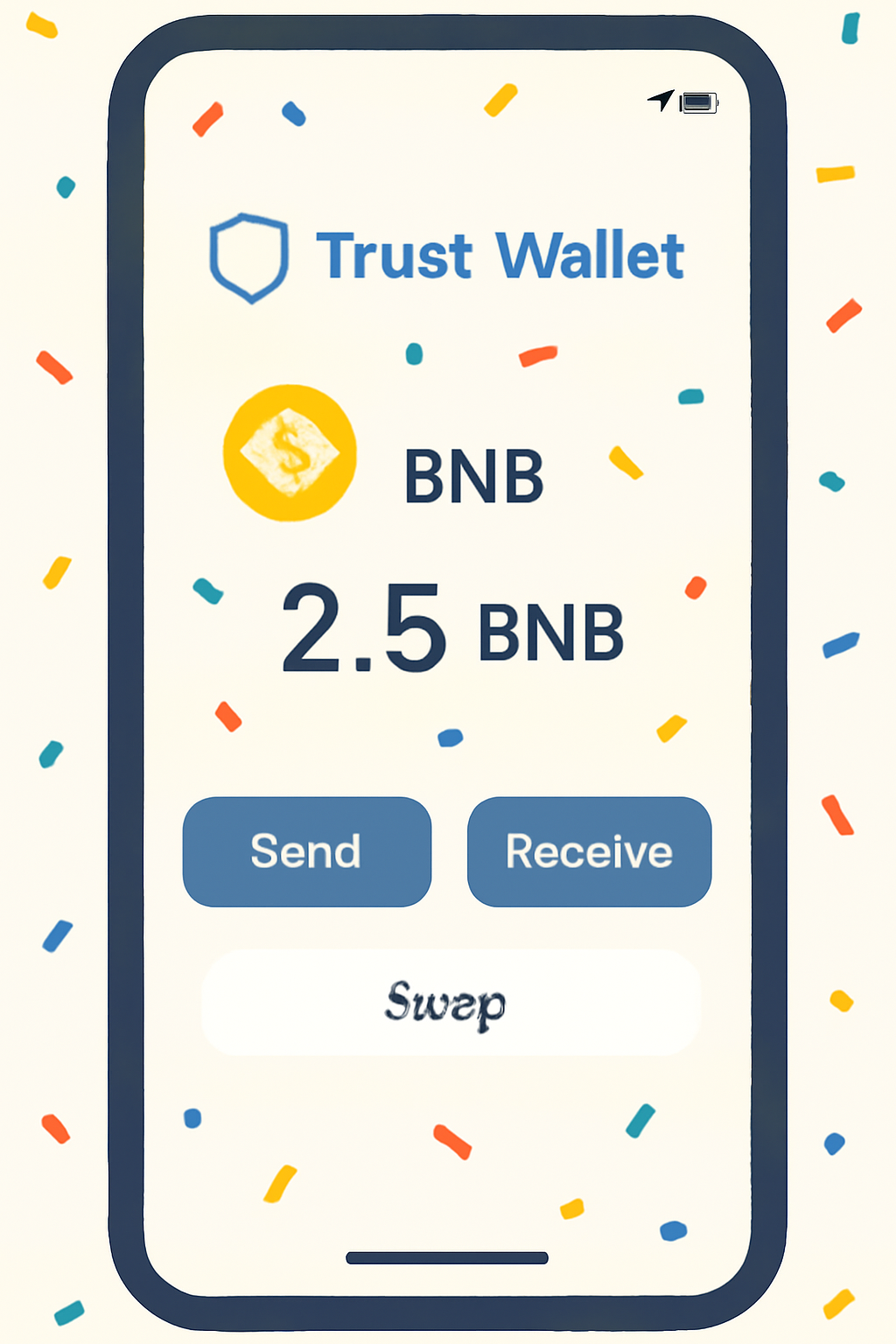 Trust Wallet home screen showing updated BNB balance after a successful swap, with a celebratory confetti effect.