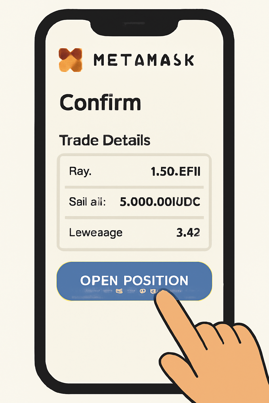 A confirmation screen on MetaMask mobile showing trade details and an 'Open Position' button being tapped.